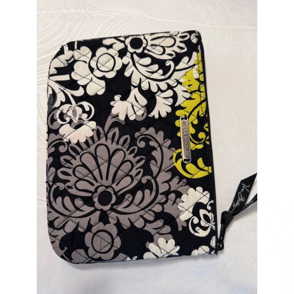 Vera Bradley Night and Day Quilted Cosmetic Pouch Black White Yellow Floral NWOT